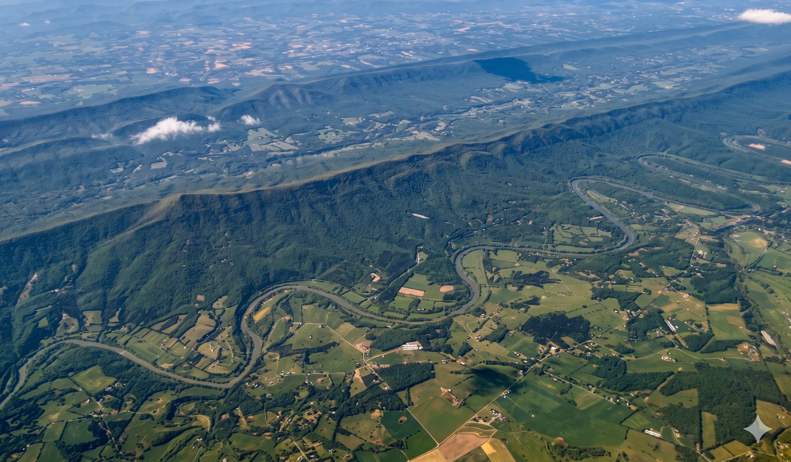 Aerial view of river valley and mountain ridges